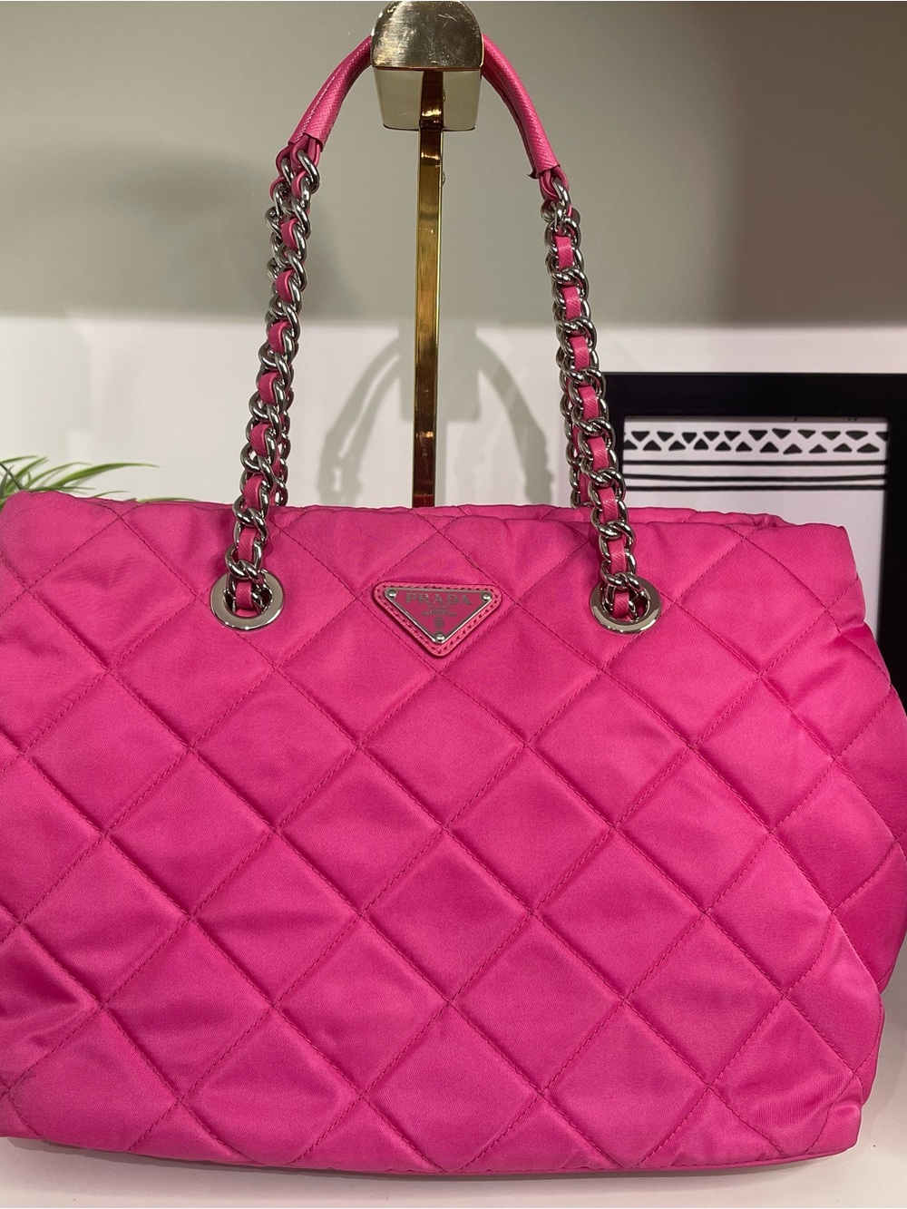 Prada Nylon Pink Quilted Chain-Handle Tote